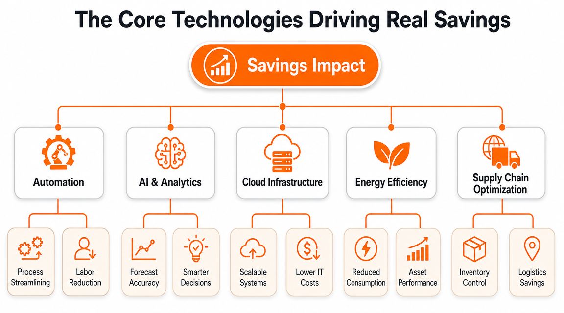 A diagram illustrating five core technologies including automation, AI, and cloud infrastructure that drive business cost savings.