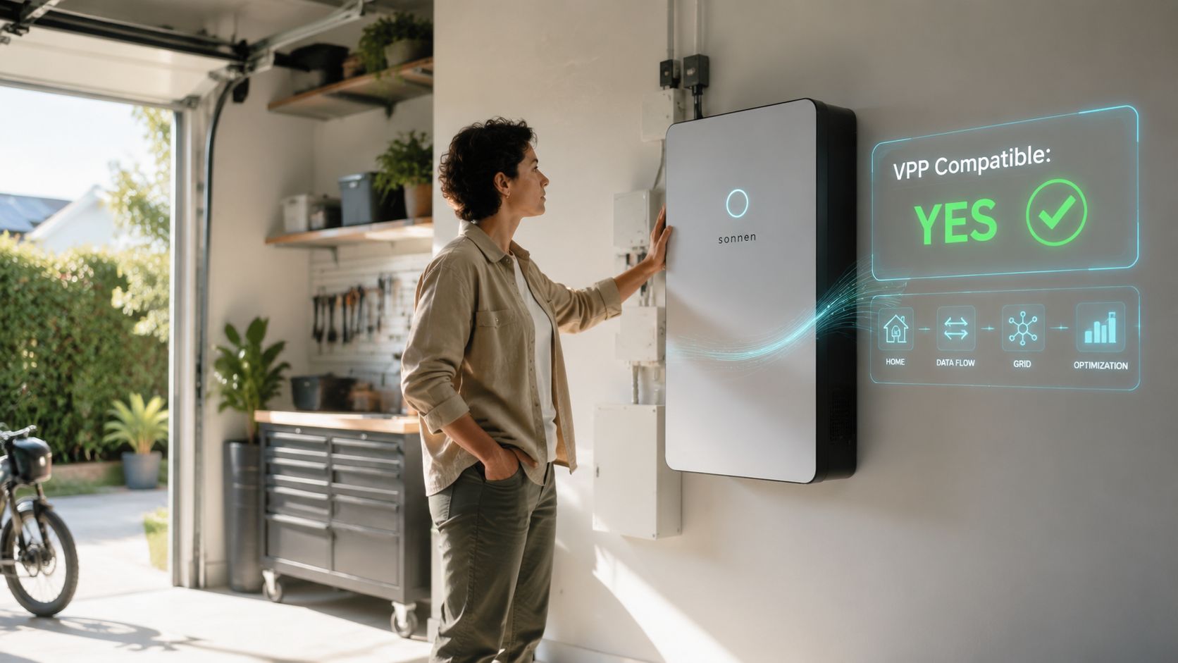 A person interacting with a wall-mounted sonnen solar battery displaying virtual power plant compatibility status.