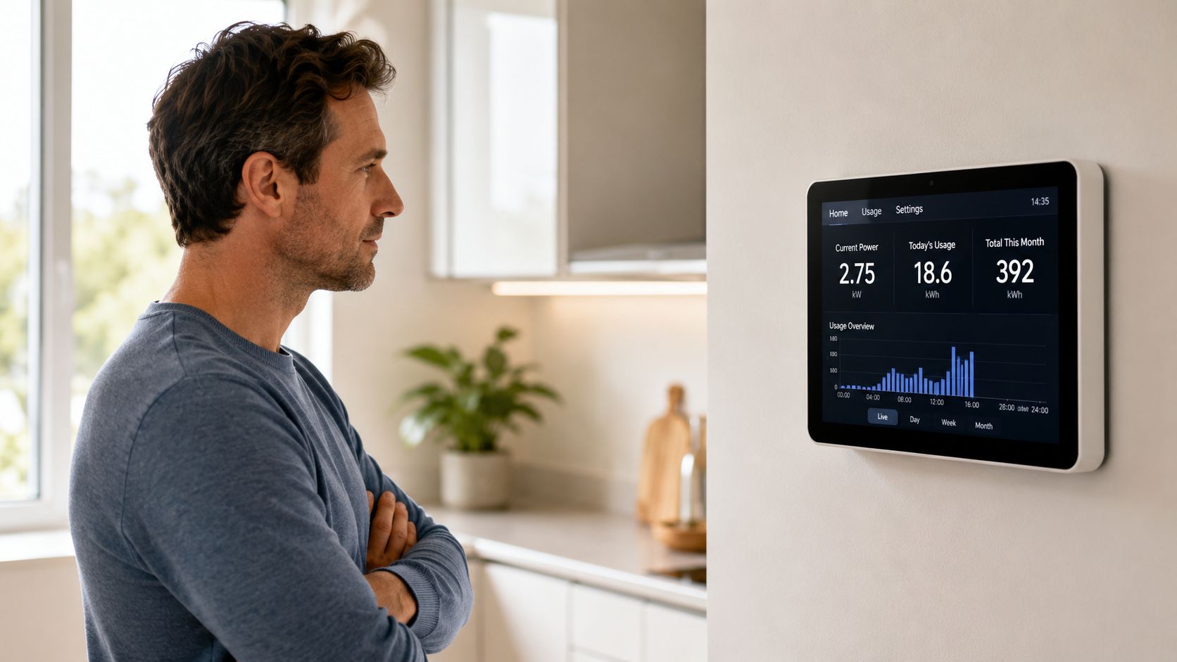 A man looking at a wall-mounted smart home display showing real-time power consumption and electricity usage data.