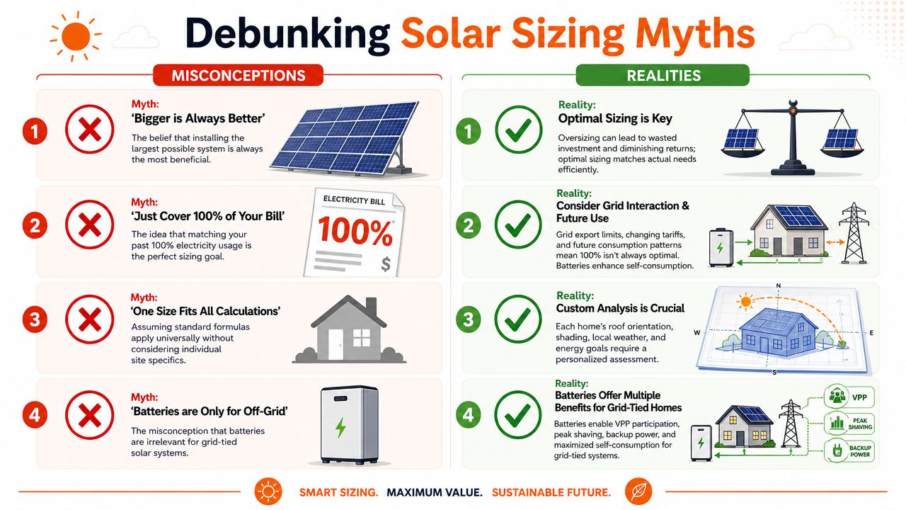 An infographic debunking common solar sizing myths and explaining the realities of residential solar panel installations.