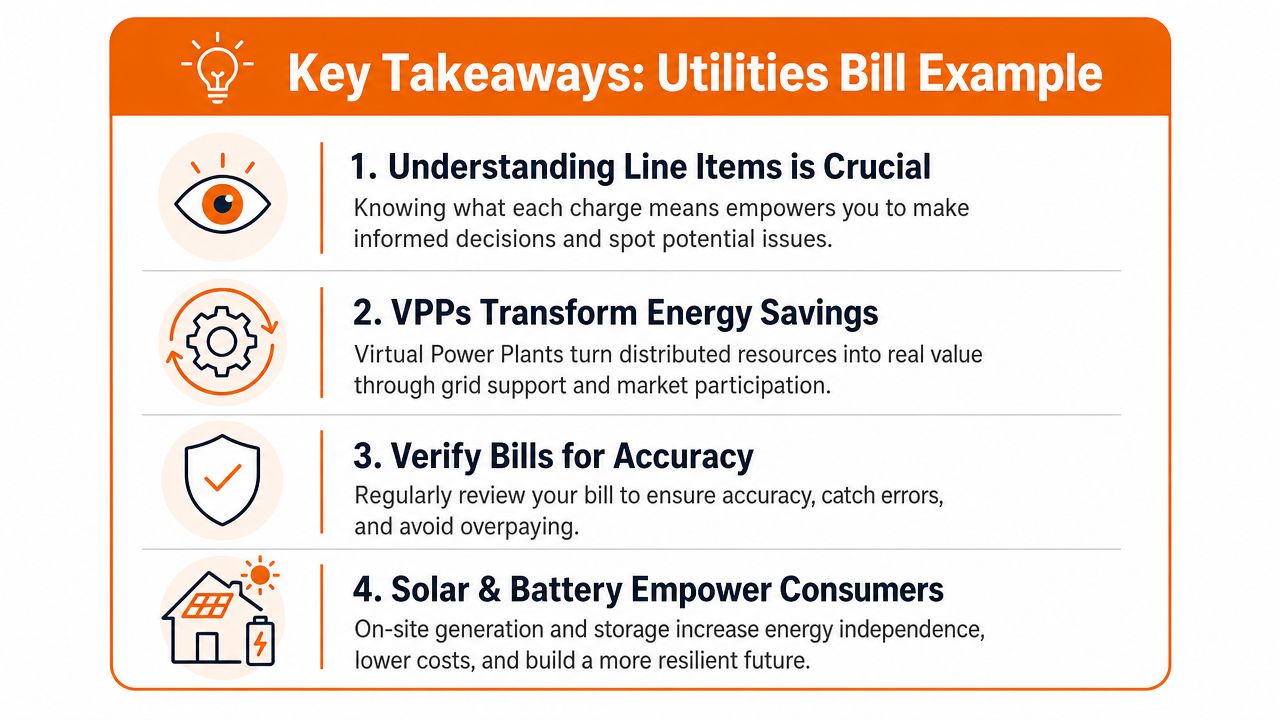 An infographic titled Key Takeaways: Utilities Bill Example featuring four bulleted points about energy savings and billing.