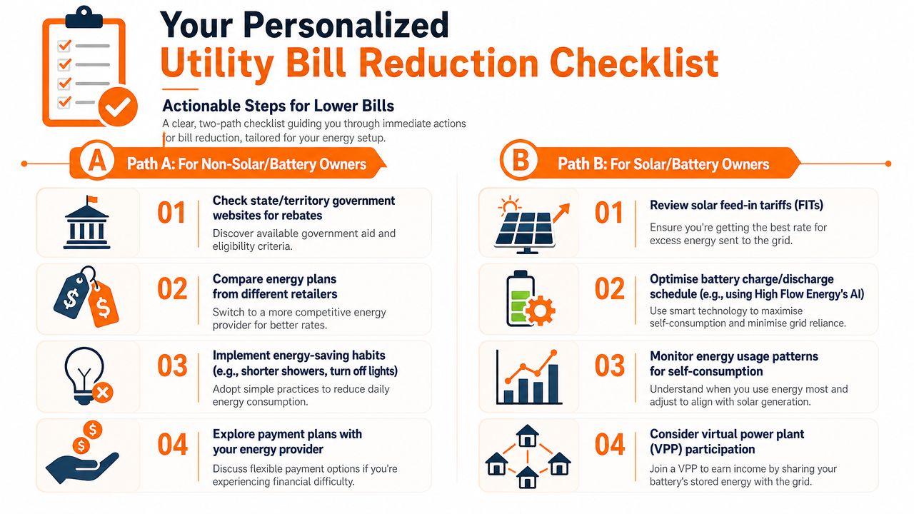 A checklist infographic outlining steps to reduce utility bills for non-solar and solar or battery energy users.