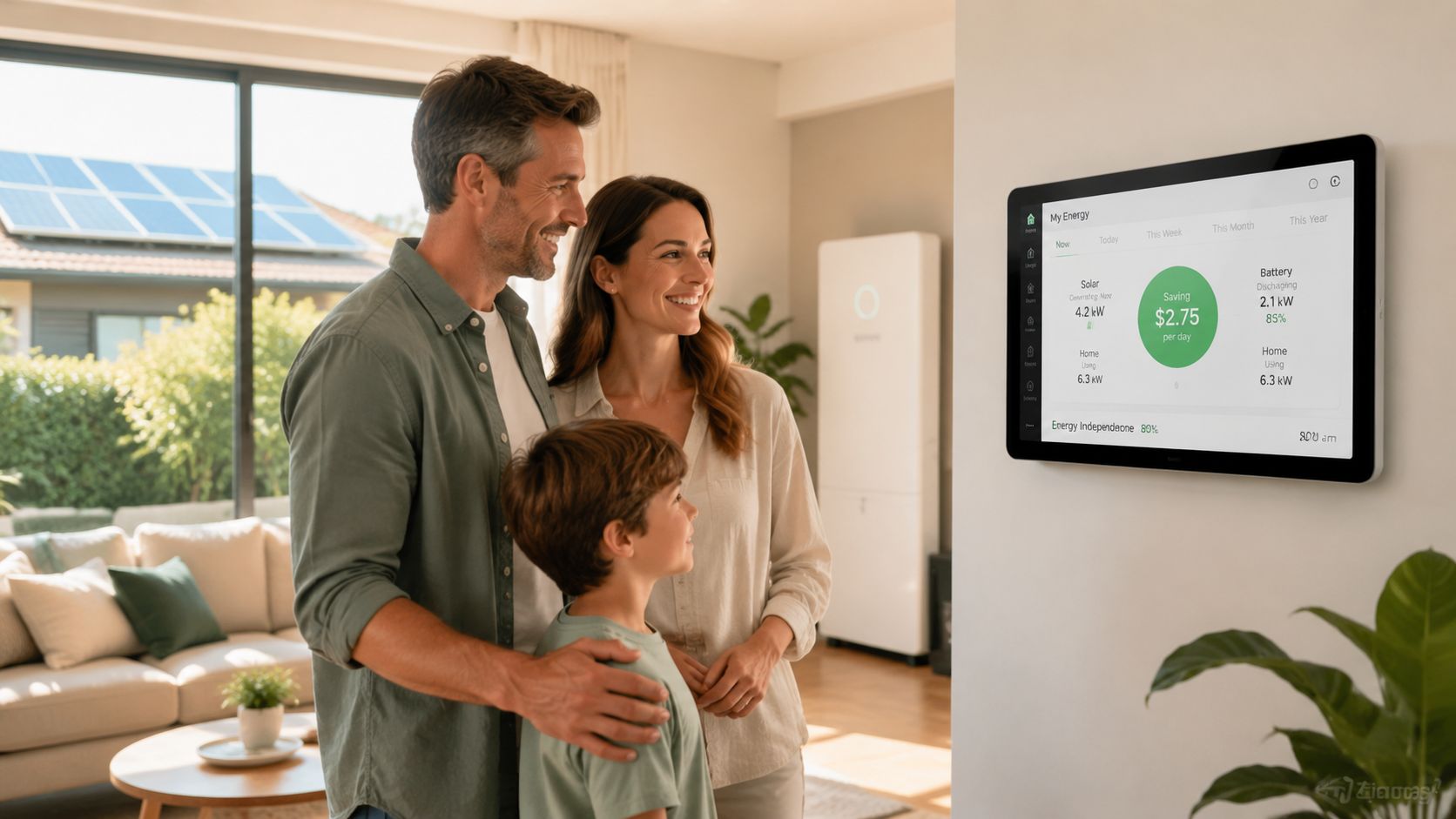 A family observing their home energy monitoring system display on the wall showing solar savings and usage.