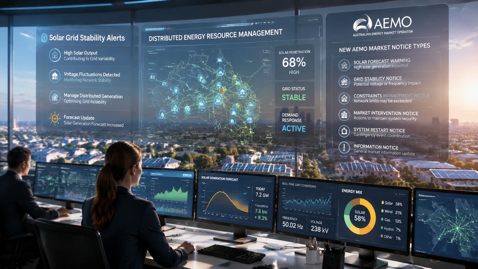 A professional team monitors a modern high-tech control center displaying complex energy network data and market notices.