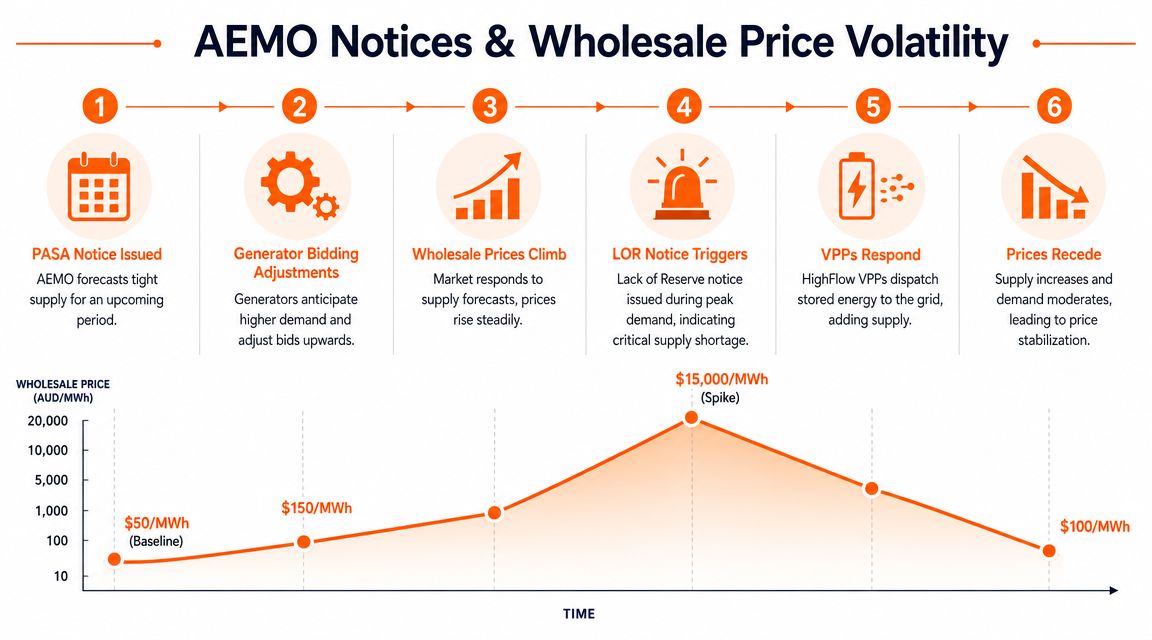 A diagram illustrating the six-step process of AEMO notices and their impact on wholesale electricity price volatility.