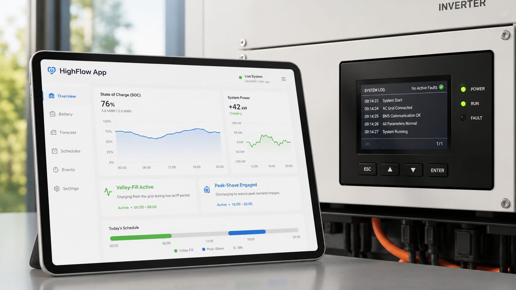 A digital tablet displaying a battery monitoring app alongside an industrial power inverter monitoring system.