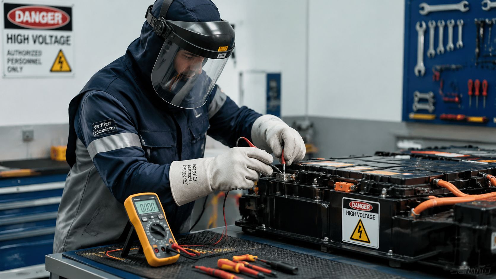 A technician wearing protective gear and safety gloves testing a high voltage car battery with a multimeter.
