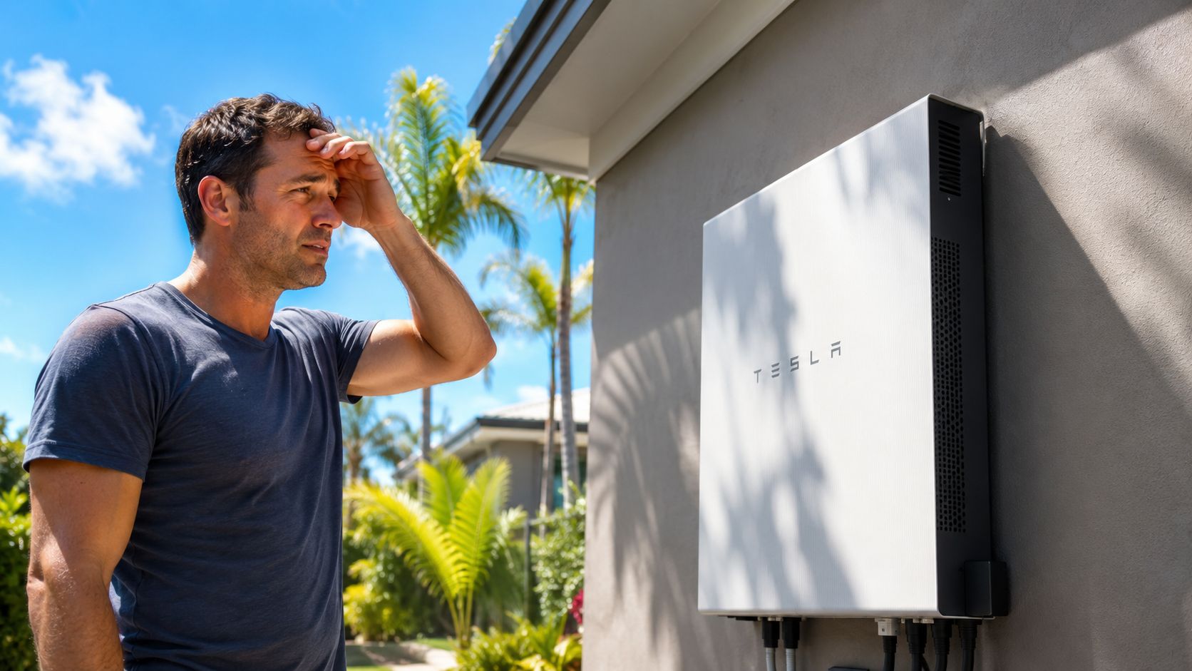 A concerned man stands outdoors in the sun, looking at a Tesla Powerwall battery mounted on a wall.