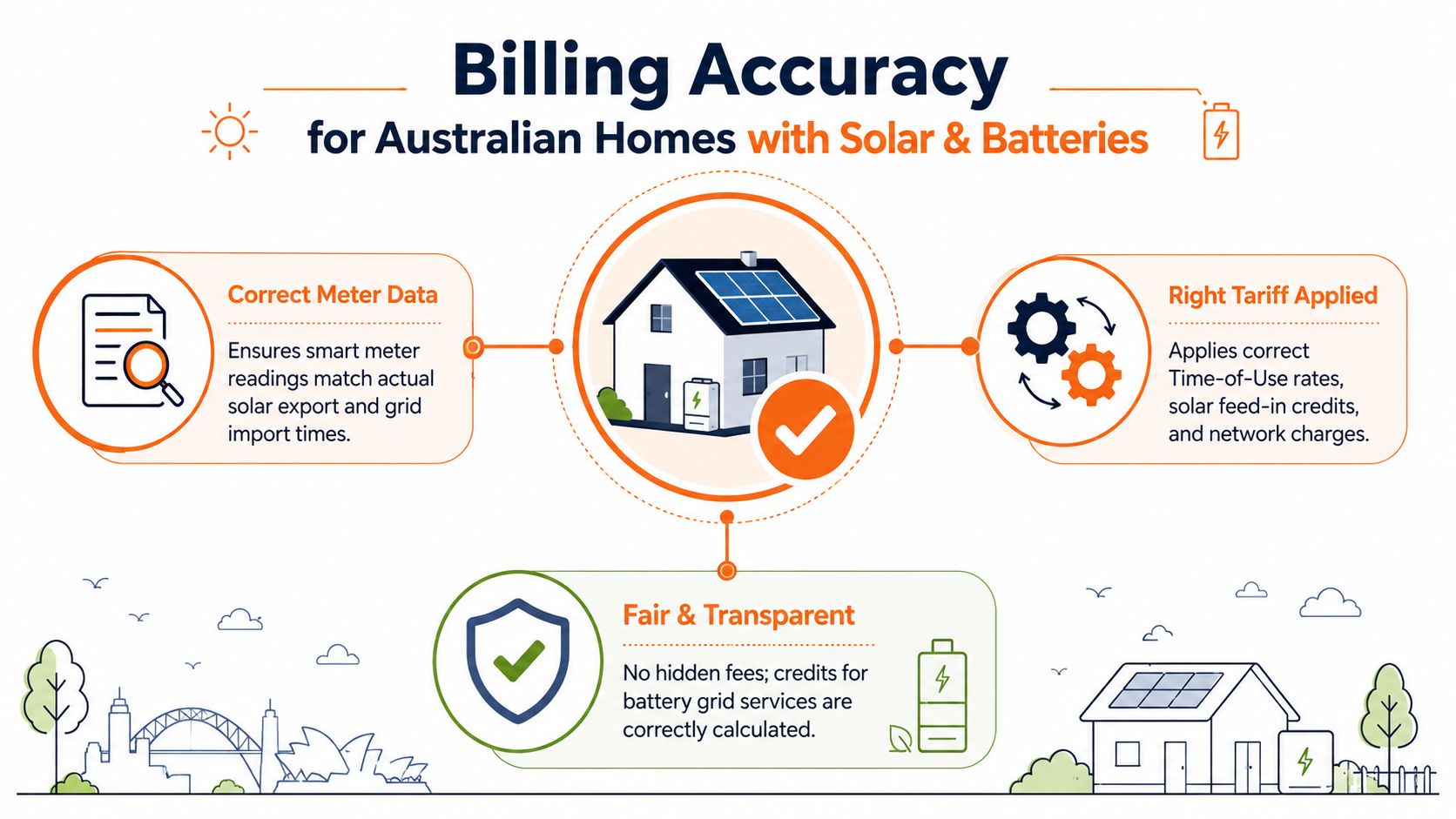 An infographic showing the three key components for billing accuracy for Australian homes with solar and batteries.