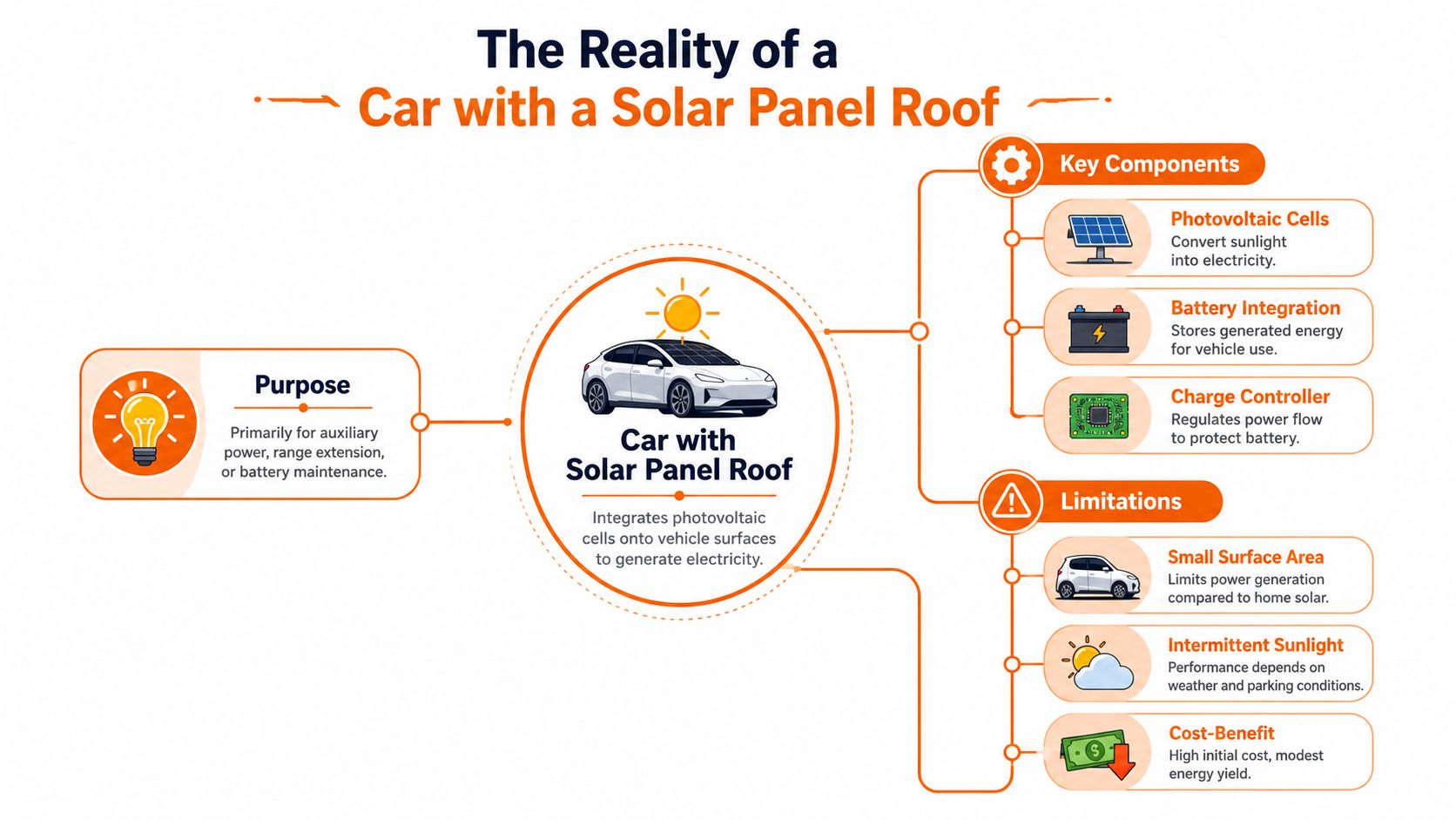 An infographic showing the purpose, key components, and limitations of integrating solar panels onto car roofs.