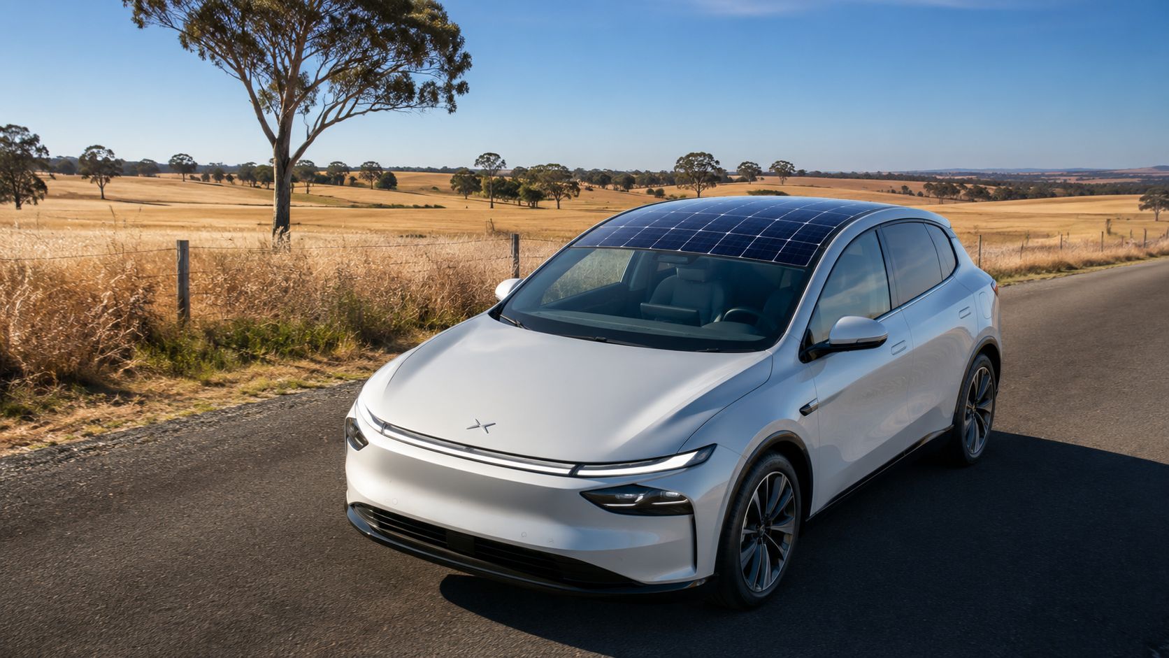 A modern white electric car with a solar panel roof driving along a rural asphalt road.