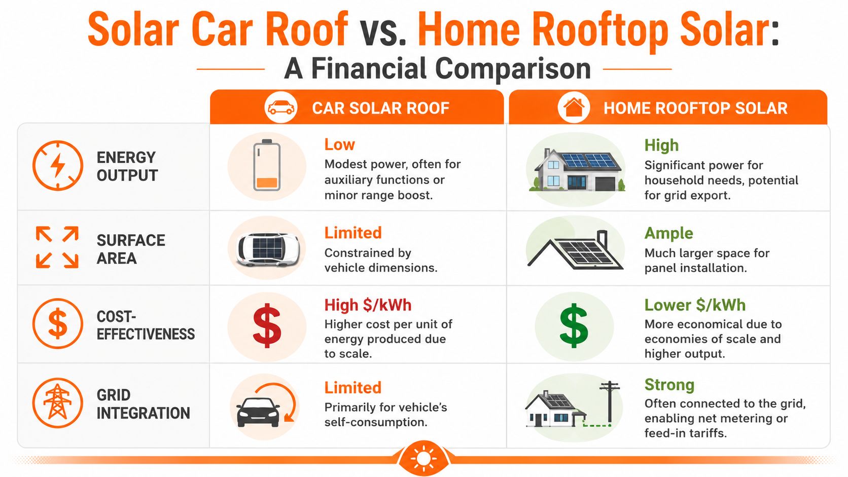 A comparison chart showing the differences between solar car roofs and home rooftop solar installations.