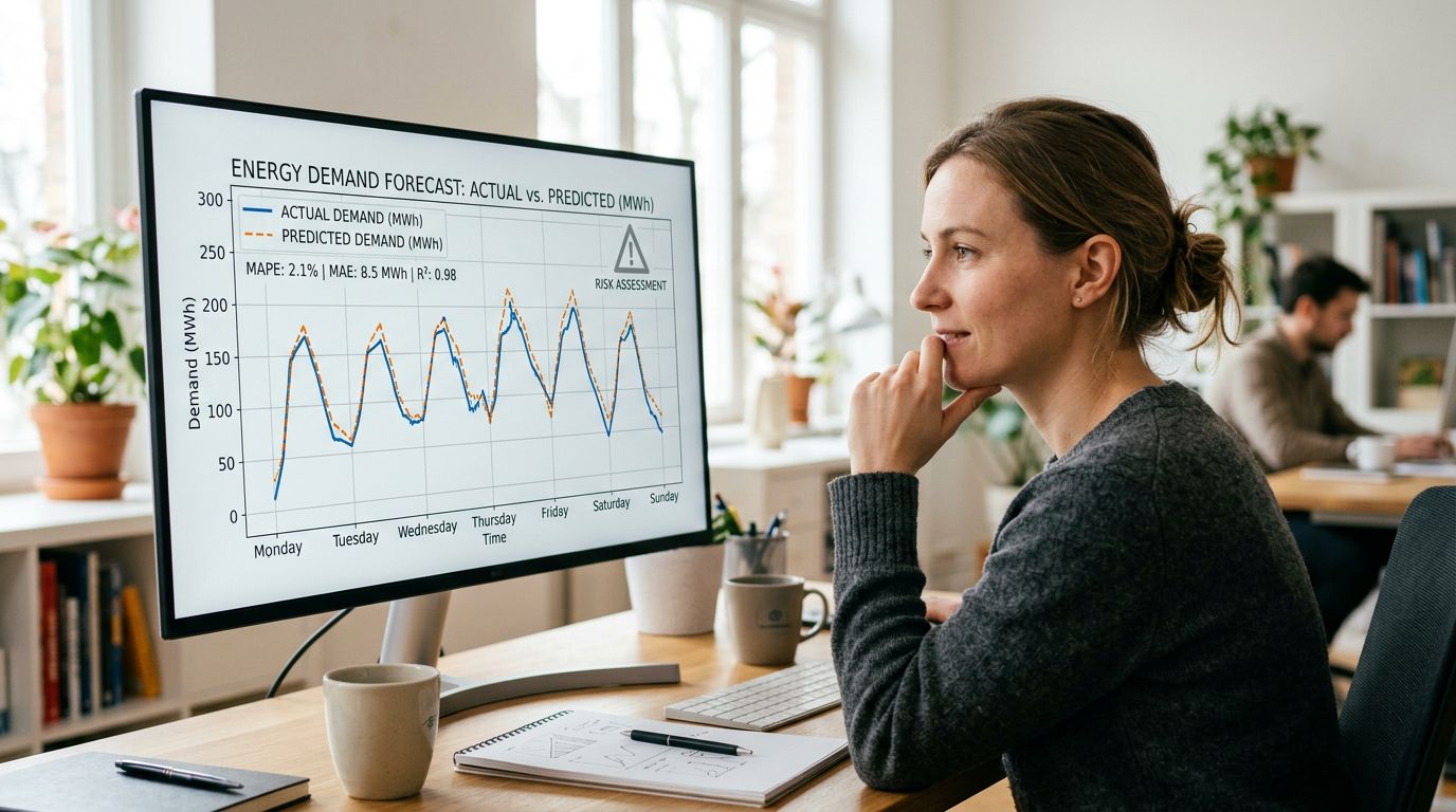A professional woman studying an energy demand forecast graph displayed on a computer screen in an office.