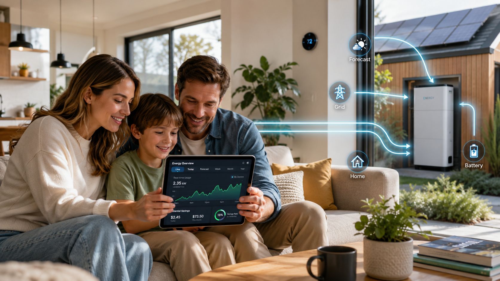 A happy family monitors their home energy usage and electricity demand forecasting on a tablet computer device.