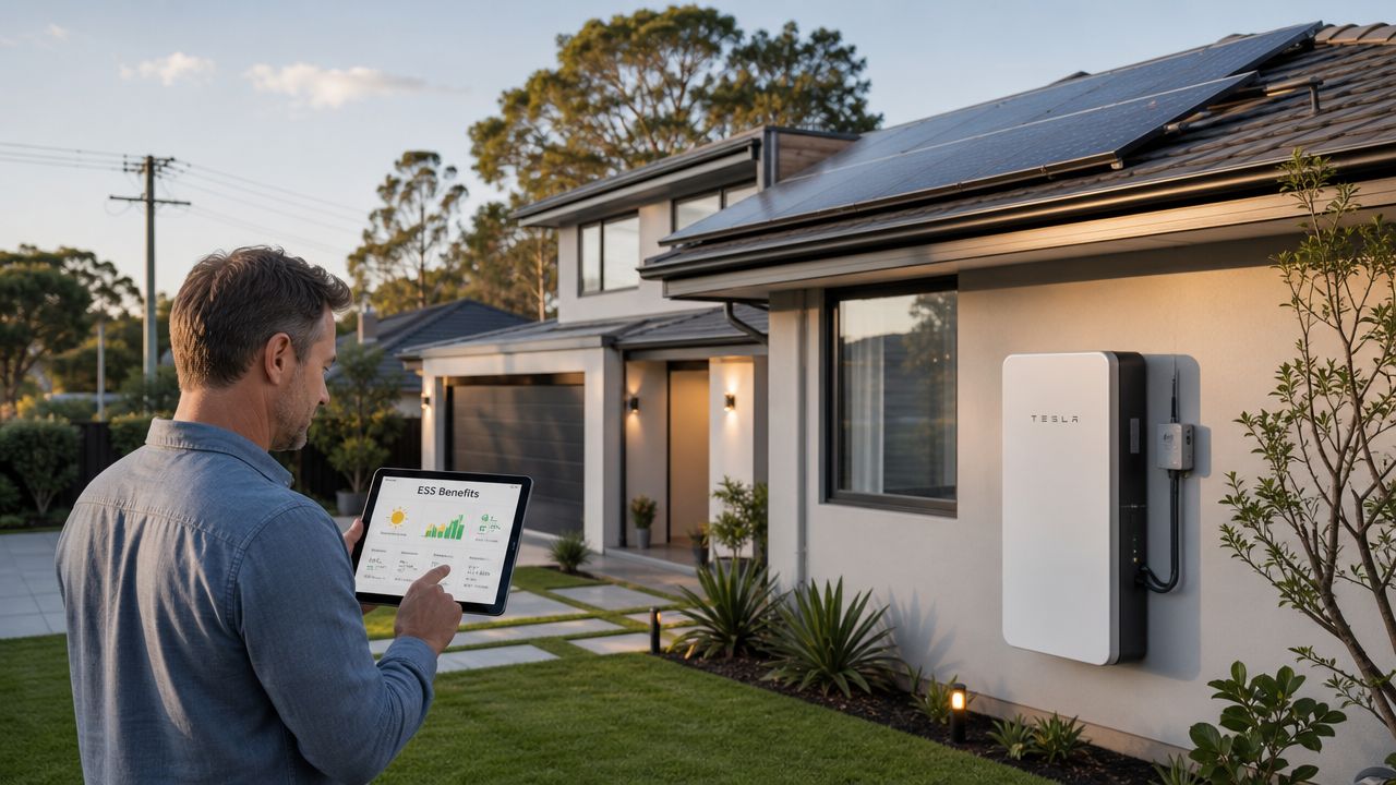 A man using a tablet to monitor energy efficiency with a Tesla Powerwall installed on his home.