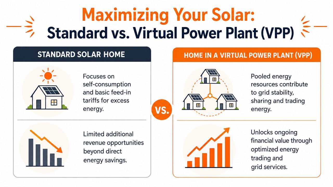 A comparison chart showing the differences between a standard solar home and a virtual power plant.