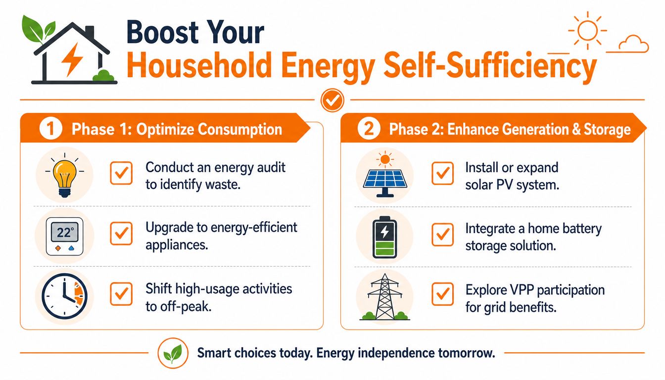 An infographic detailing two phases to boost household energy self-sufficiency through consumption optimization and energy storage upgrades.