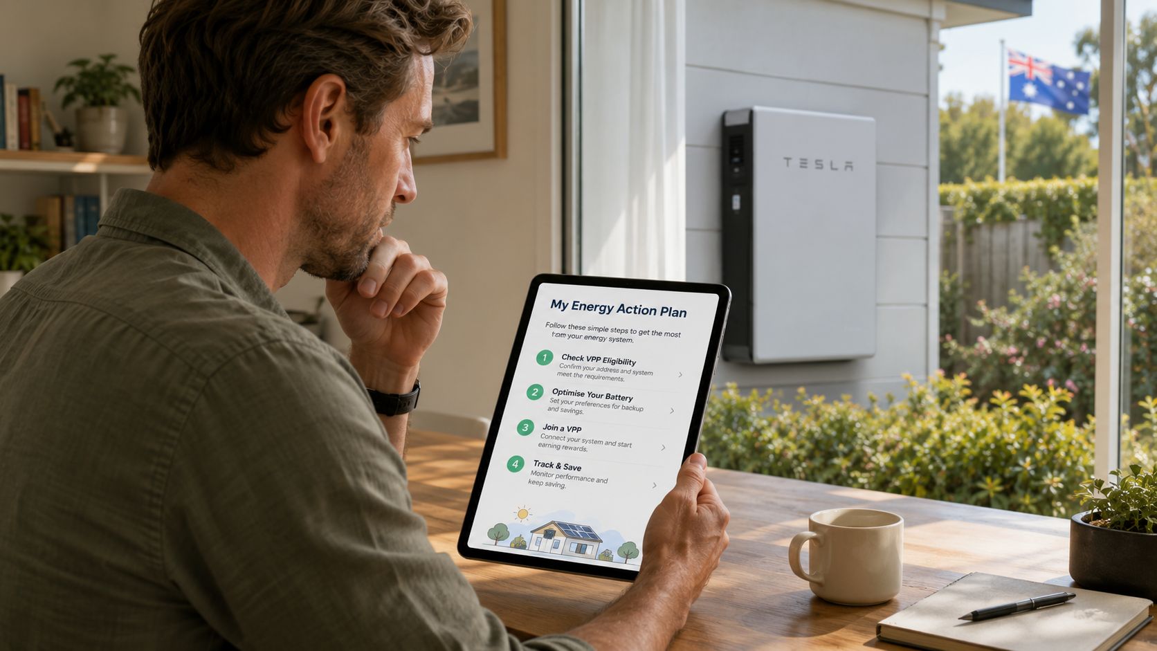A man sits at a wooden table holding a tablet displaying a Tesla energy action plan at home.