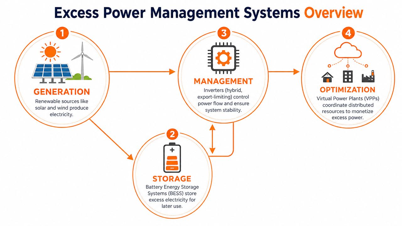 A diagram illustrating the four-step workflow of excess power management systems, including generation, storage, management, and optimization.