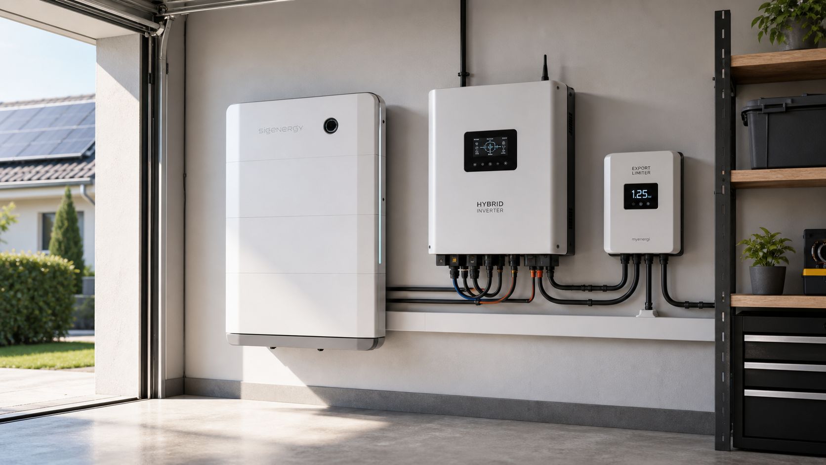 A modern hybrid inverter and battery energy storage system mounted on a garage wall for solar power.