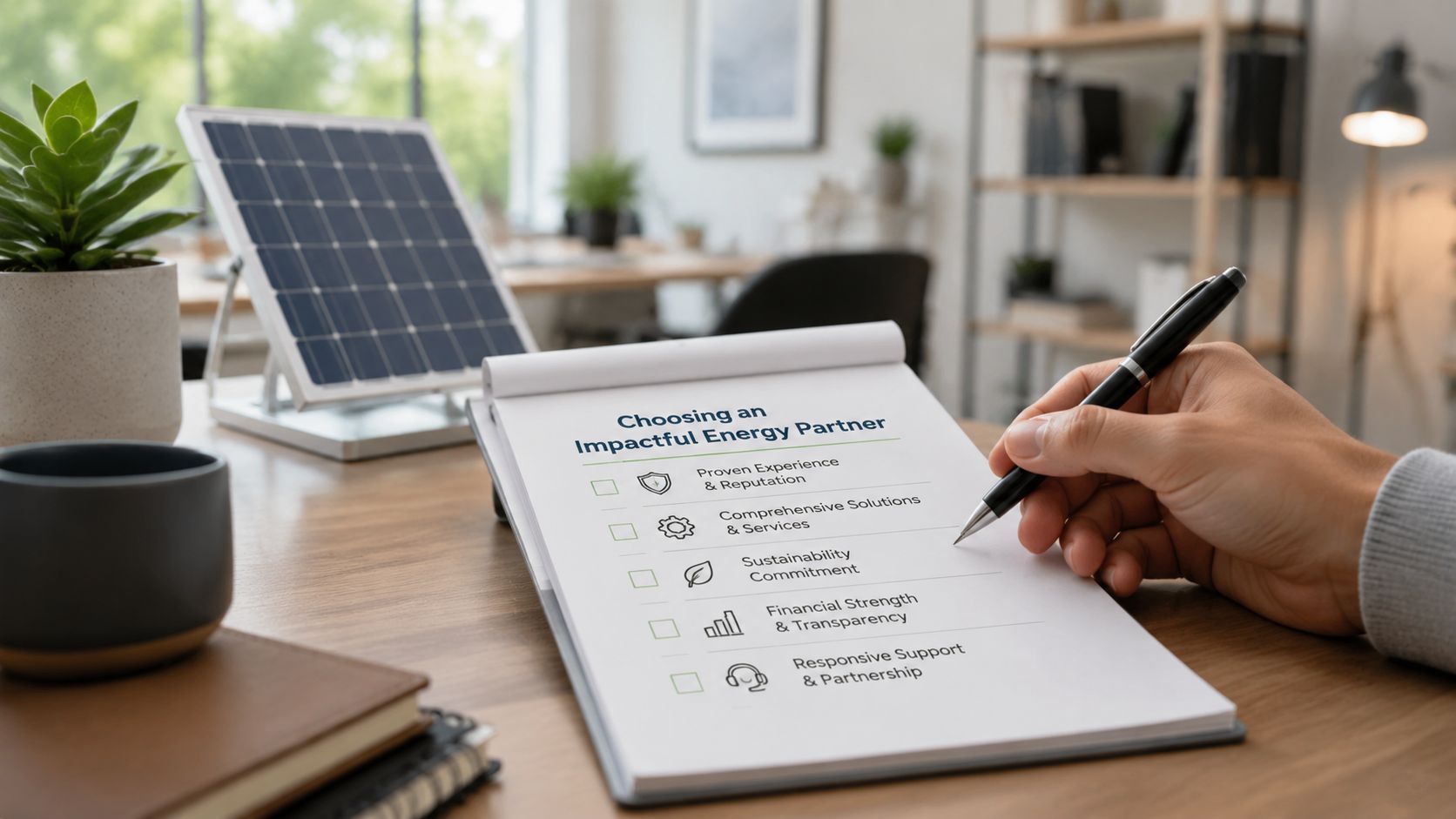 A person writes on a notepad with a checklist for selecting an impactful energy partner.