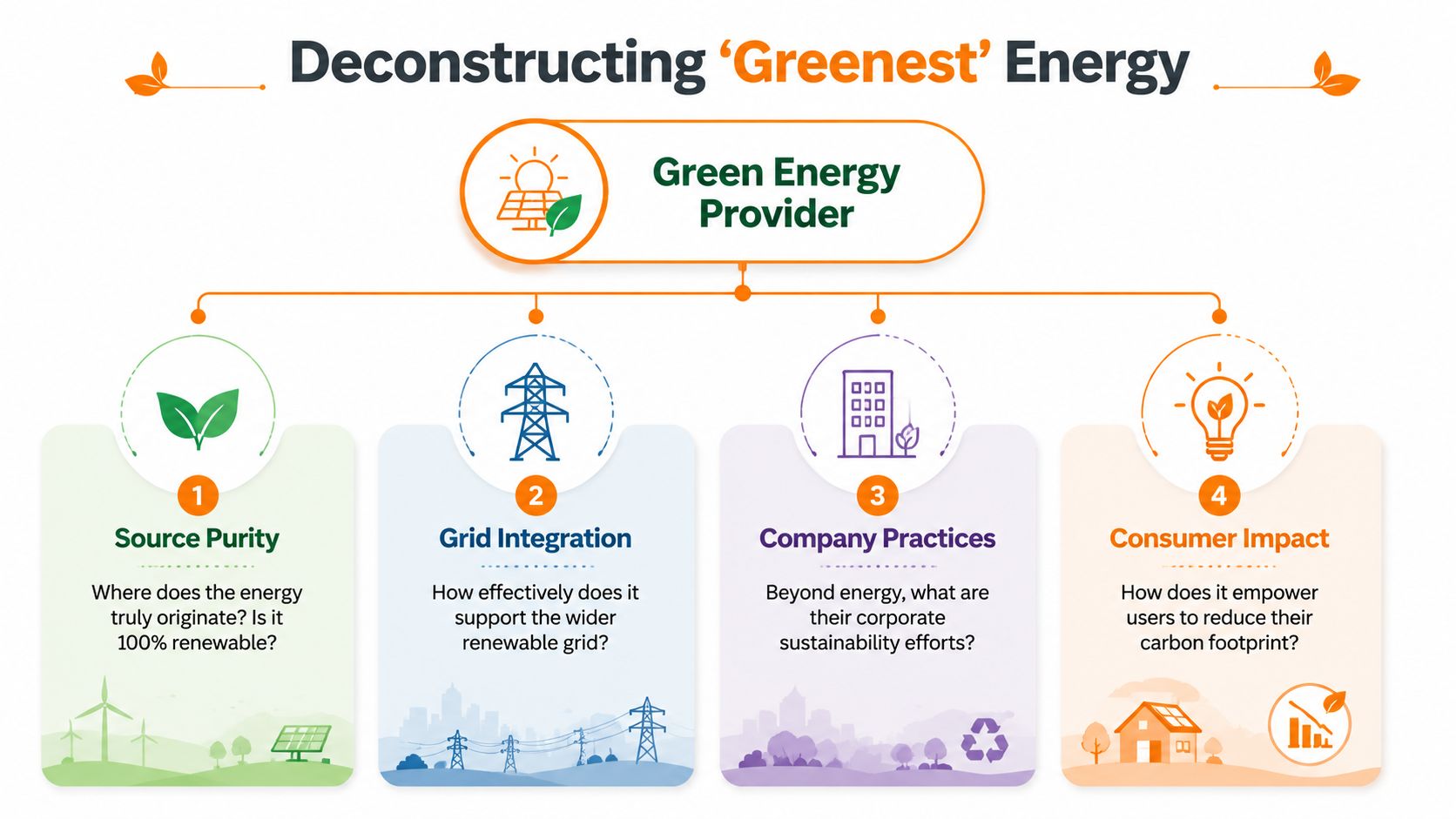 A diagram outlining the four key factors for evaluating the sustainability and legitimacy of green energy providers.