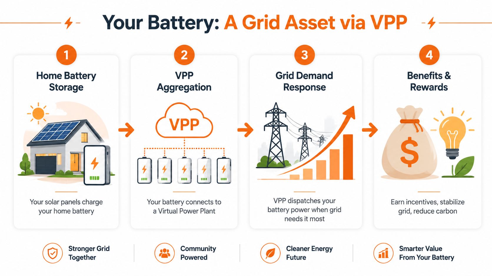 A four-step diagram showing how home battery storage connects to a virtual power plant to support the grid.