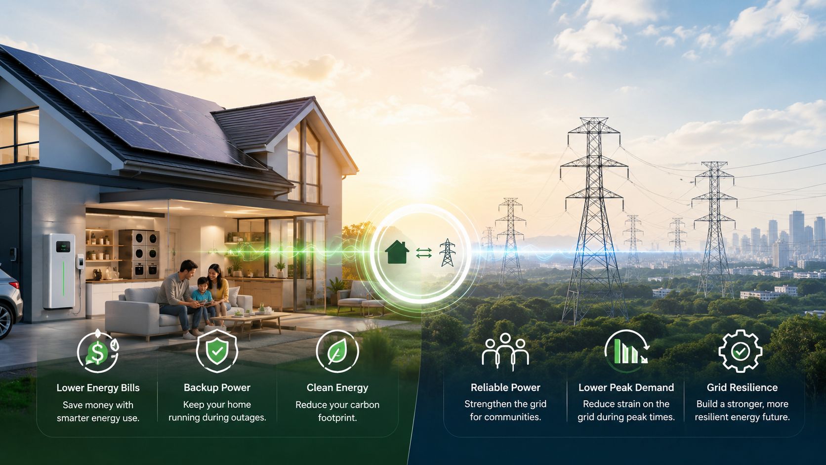 A house with solar panels connected to the power grid, illustrating home energy management and clean energy benefits.