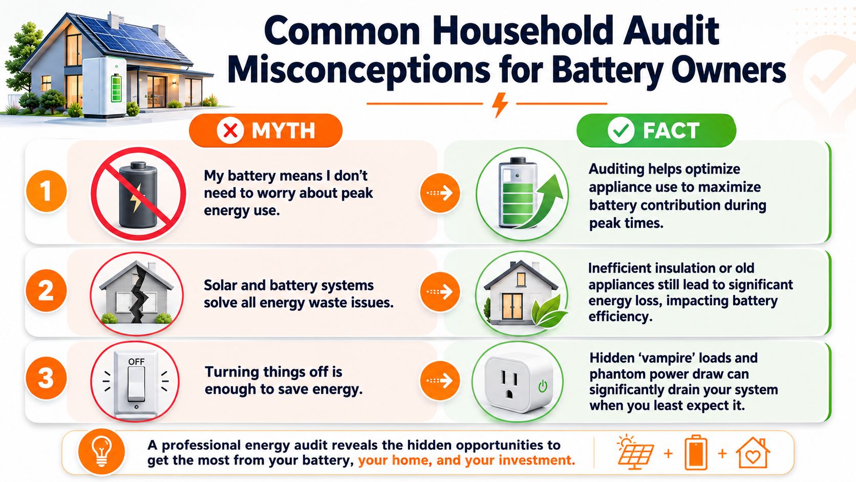 An infographic showing three common household energy audit misconceptions for solar battery owners, including text and icons.