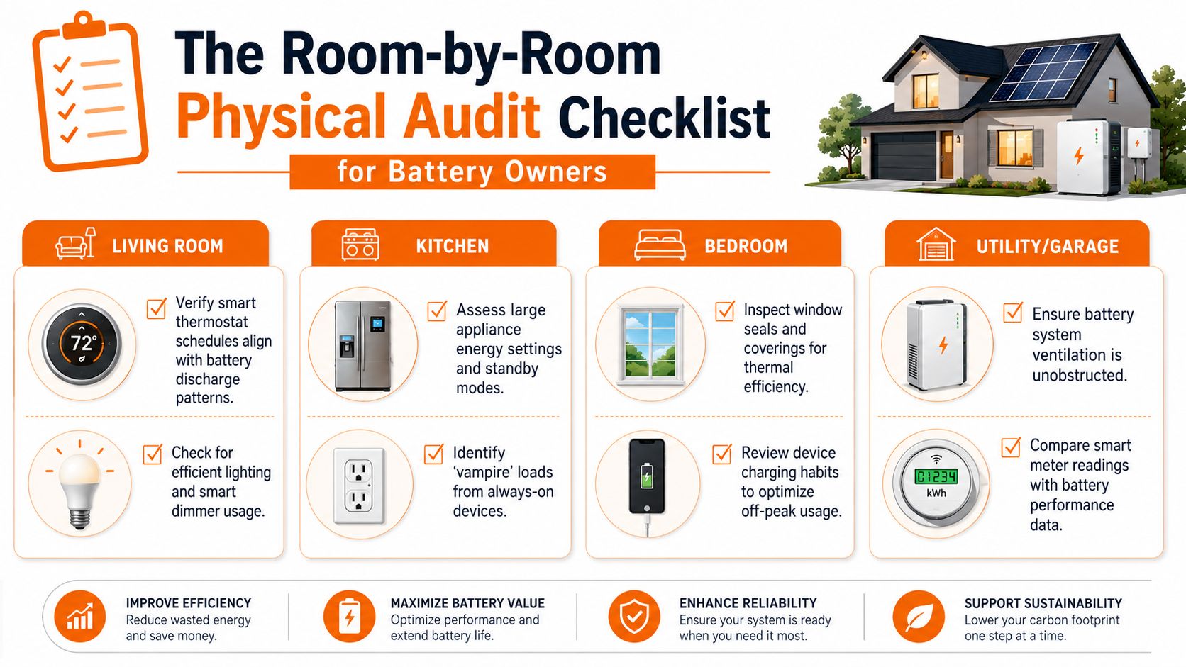 An infographic titled The Room-by-Room Physical Audit Checklist for Battery Owners showing tips for home energy efficiency.