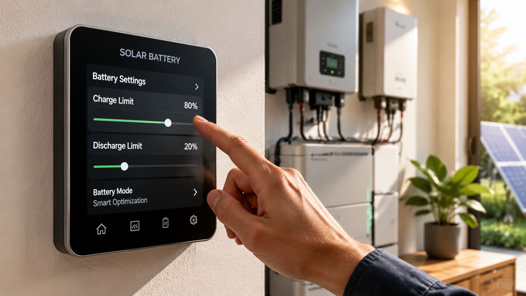 A close-up view of a person adjusting solar battery charge settings on a digital wall control panel.