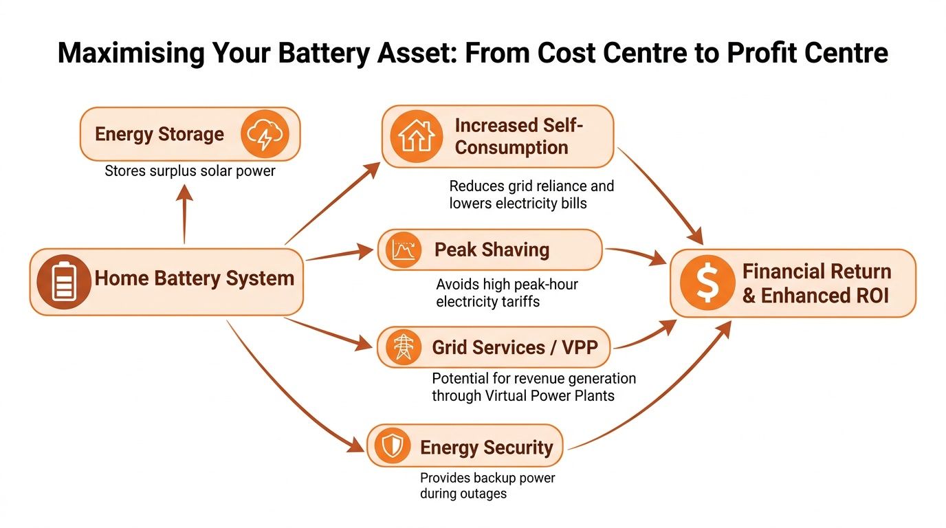A diagram illustrating how a home battery system can transform an energy cost centre into a profit centre.