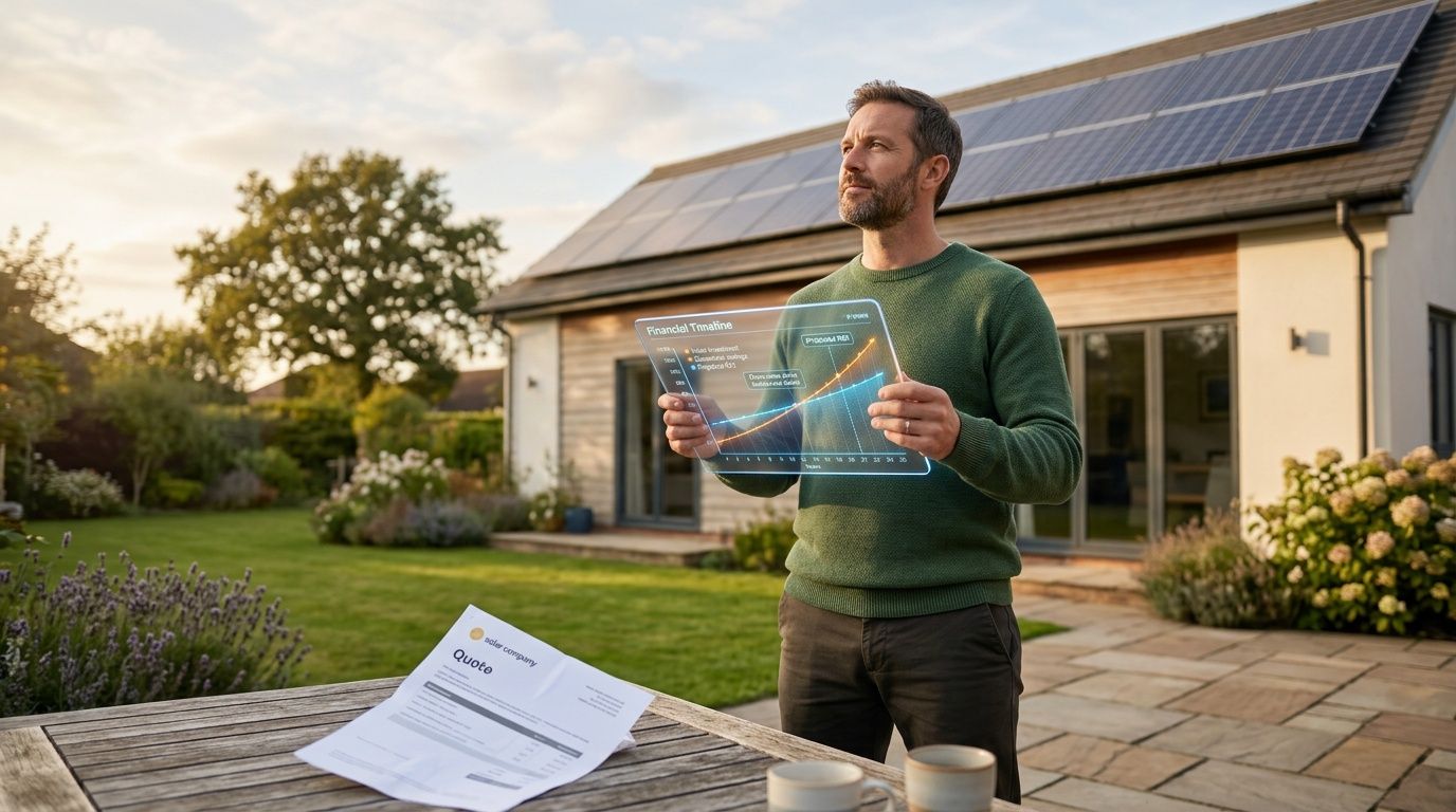 A man stands on a patio with solar panels on his roof, holding a digital financial projection tablet.
