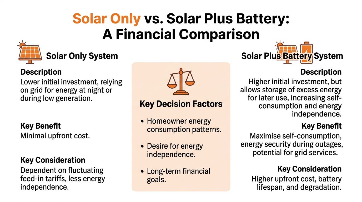 A comparison infographic between solar-only systems and solar plus battery systems highlighting costs and benefits.