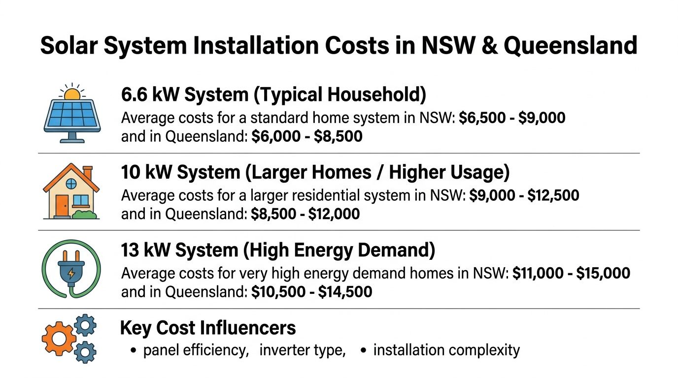 A table comparing the installation costs of 6.6kW, 10kW, and 13kW solar systems in NSW and Queensland.