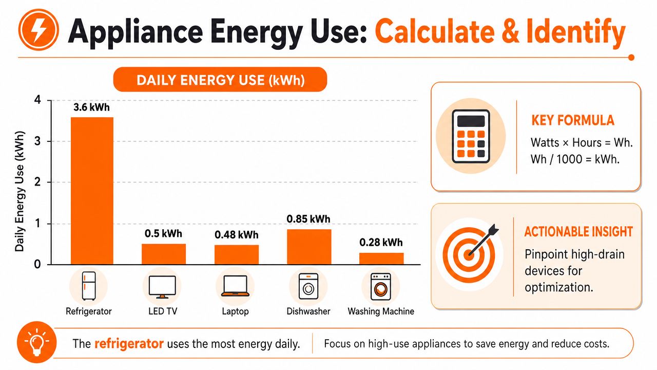 A bar chart comparing the daily energy consumption of five household appliances measured in kilowatt-hours.