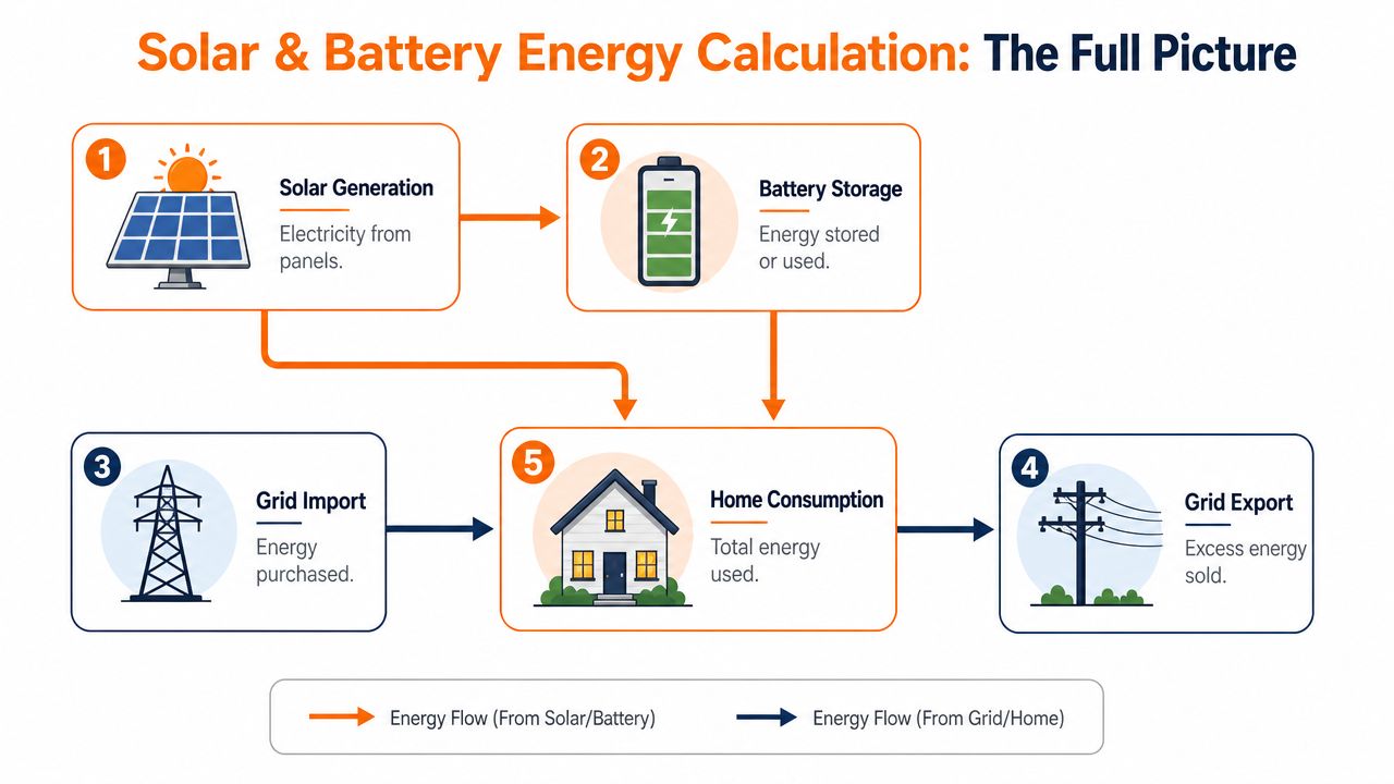 A diagram illustrating the energy flow between solar panels, battery storage, the electrical grid, and home consumption.