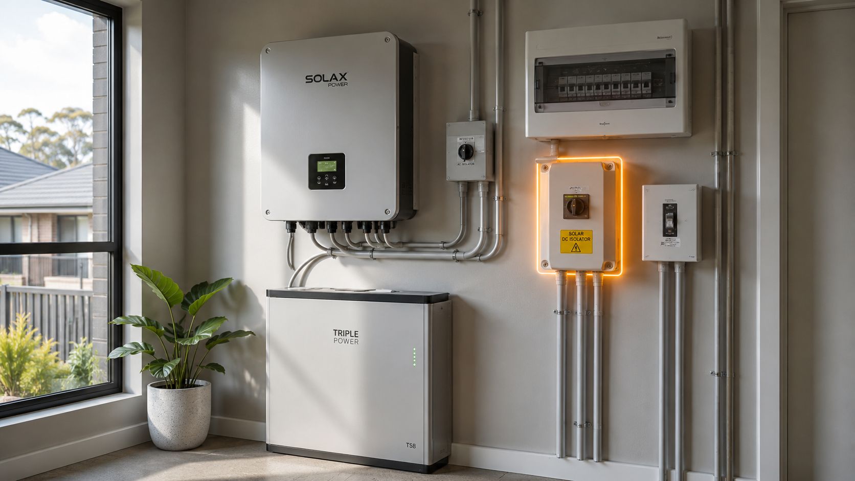 A modern SolaX Power solar energy storage system mounted on a wall inside a bright room.