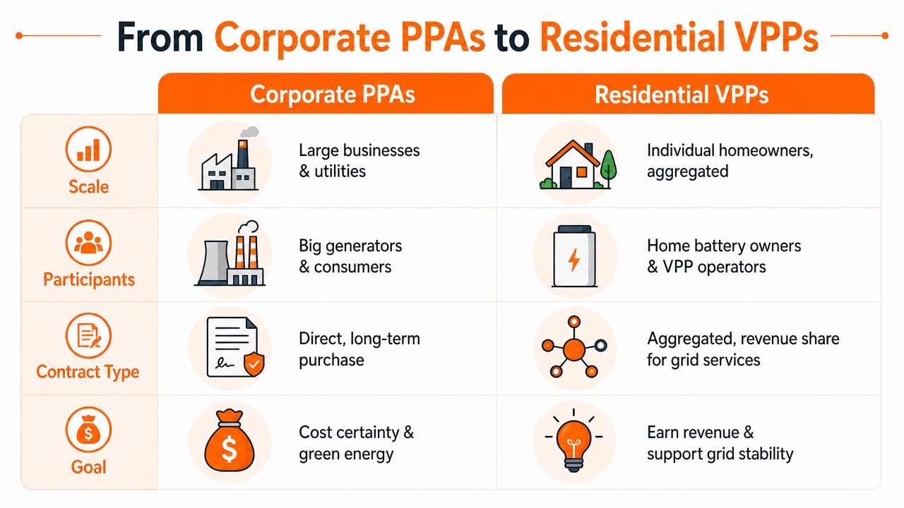 A comparison chart showing the key differences between Corporate Power Purchase Agreements and Residential Virtual Power Plants.