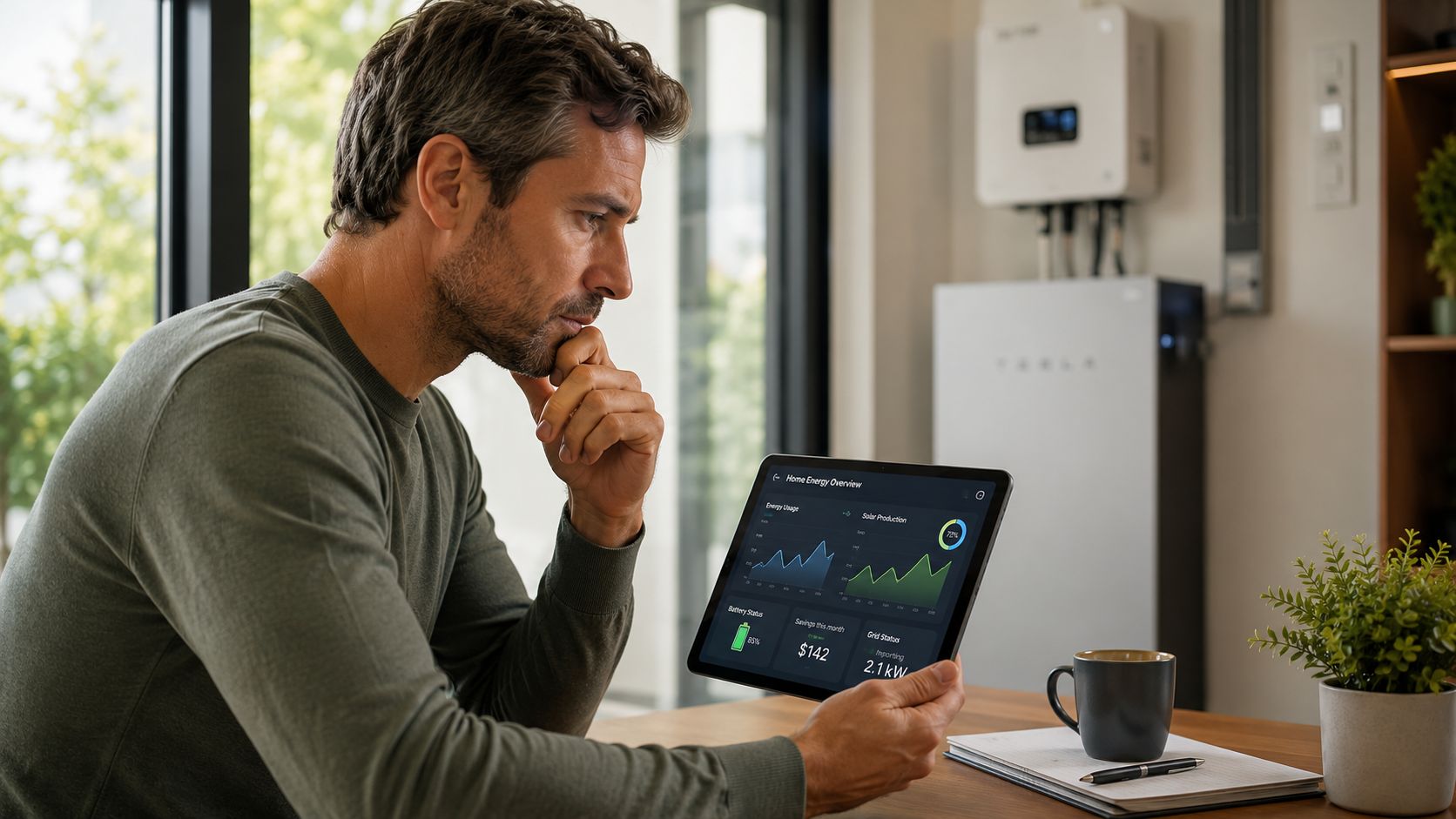 A man reviews home solar energy production and battery usage statistics on his digital tablet at a desk.