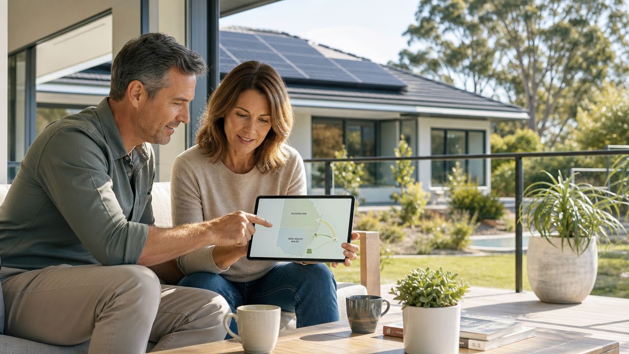 A couple sitting on a patio looking at a digital map of Australia on a tablet device.