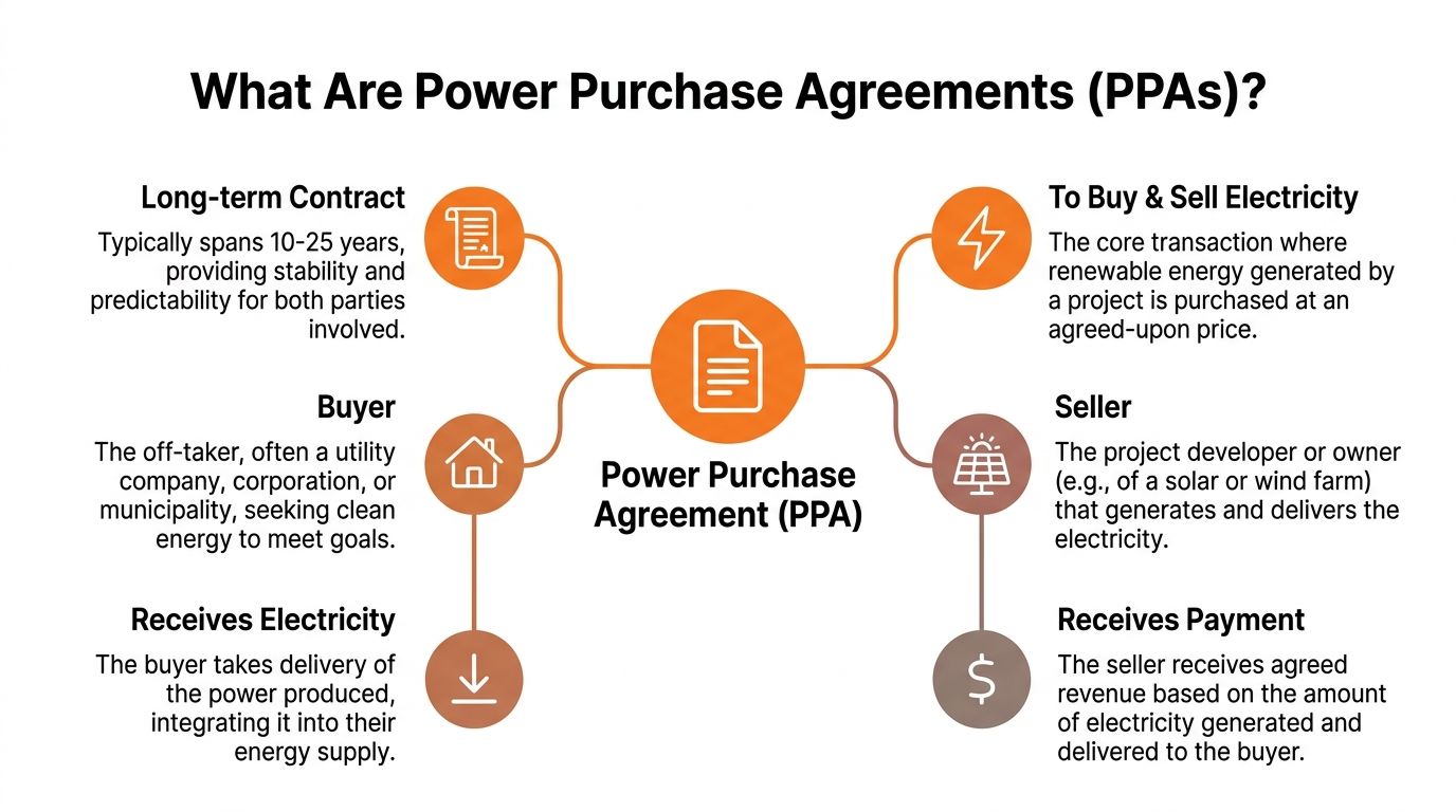A diagram explaining the components and participants of a Power Purchase Agreement (PPA) for renewable energy.