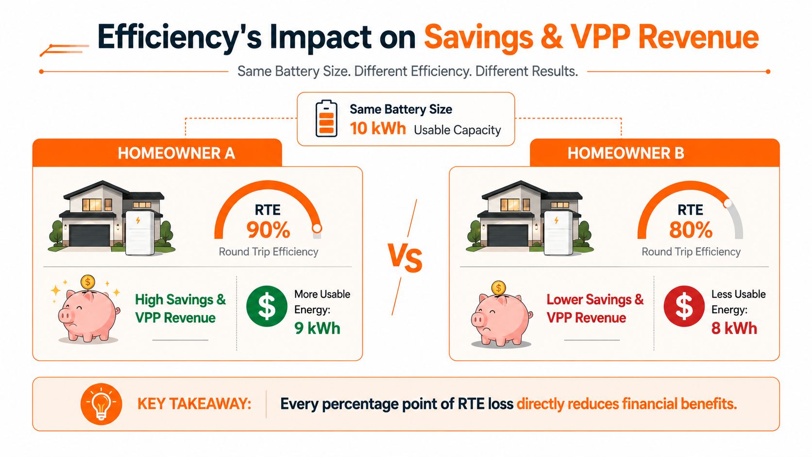 An infographic comparing how battery round trip efficiency impacts a homeowner's total savings and VPP revenue.