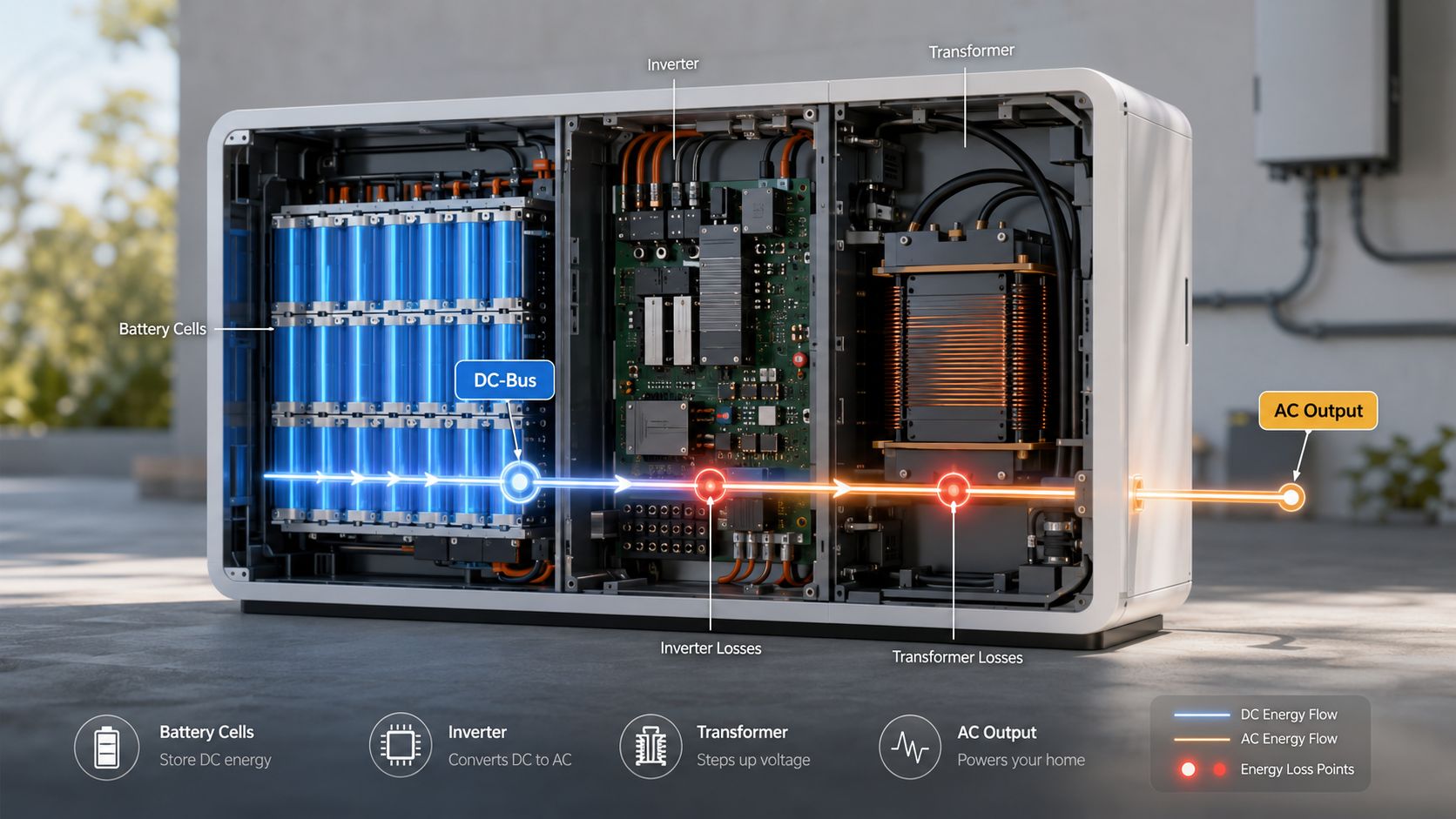 A diagram of a home battery energy storage system highlighting internal components and energy conversion flow.