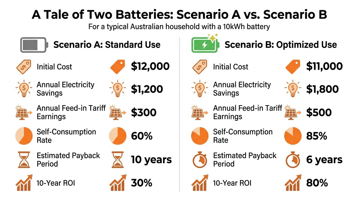 A comparison chart showing the financial benefits of standard versus optimized 10kWh solar battery usage for households.