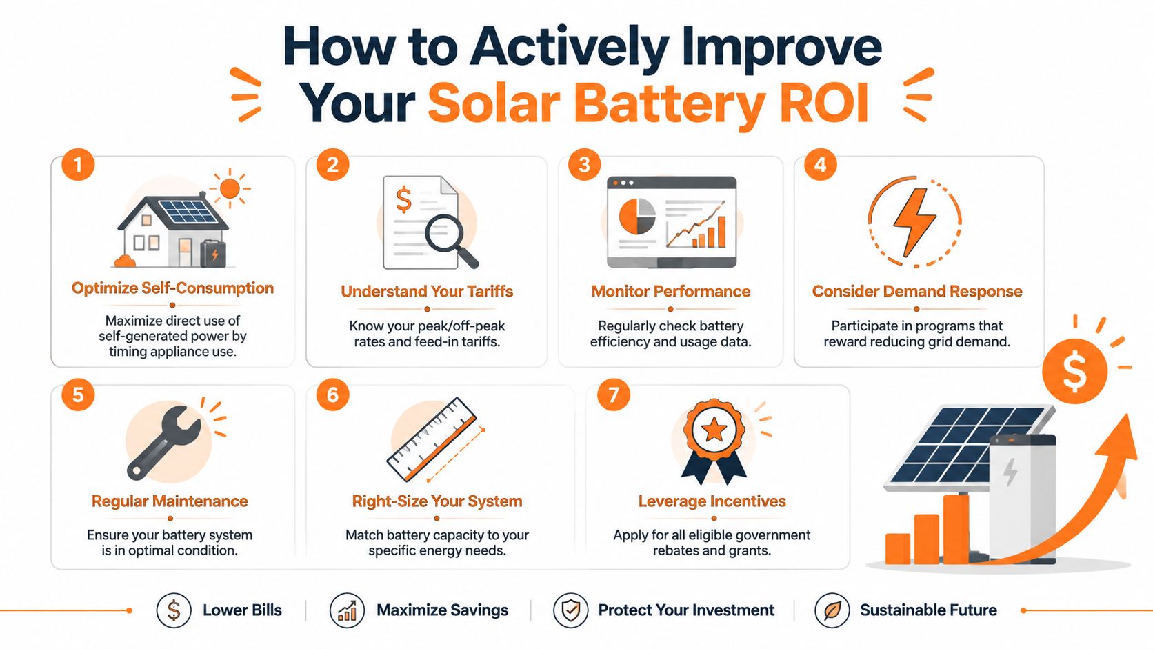 An infographic illustrating seven practical steps to actively improve the return on investment for solar battery systems.