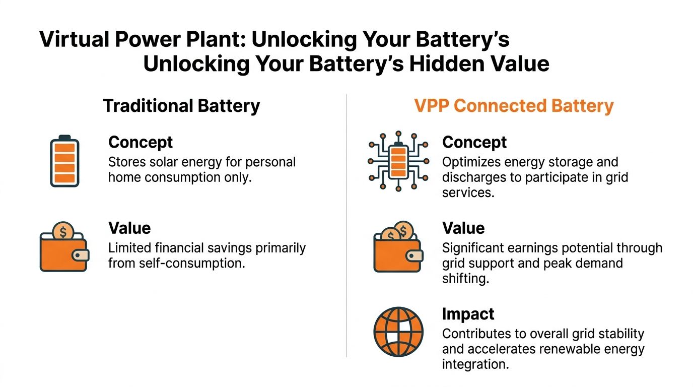A comparison chart showing benefits of a traditional home battery versus a VPP connected battery system.