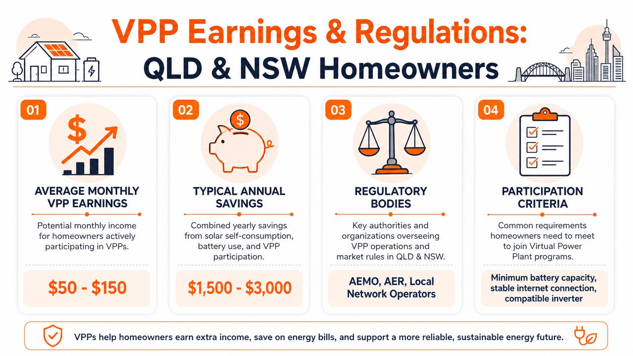 An infographic detailing average earnings, annual savings, regulations, and requirements for solar VPP programs in Australia.