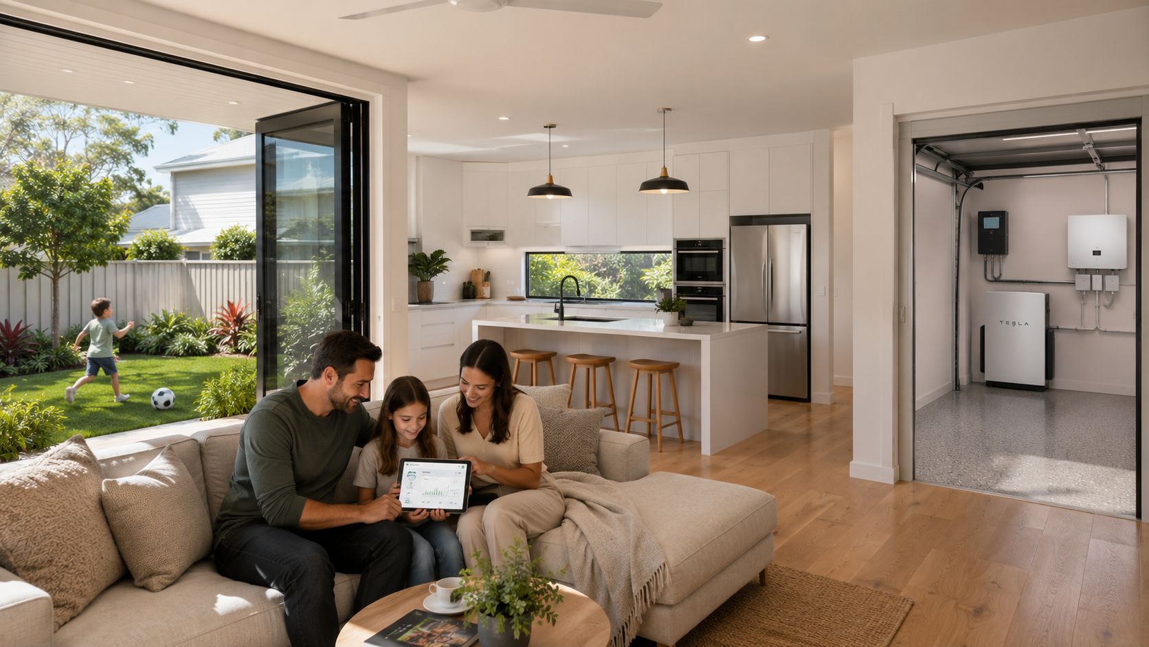 A happy family sitting on a sofa looking at a tablet inside a sustainable modern home.