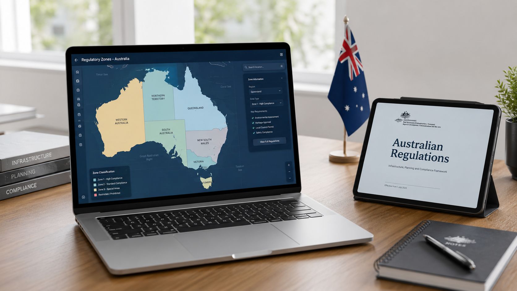A modern workspace featuring a laptop displaying Australian regulatory maps and a tablet with government documentation.